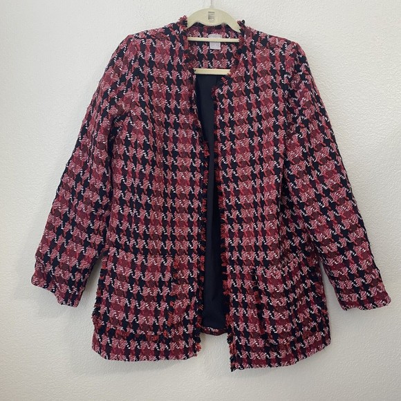 Chico's Blazer Jacket Womens Size 2 Large Tweed Red Black Open Front - Picture 1 of 7